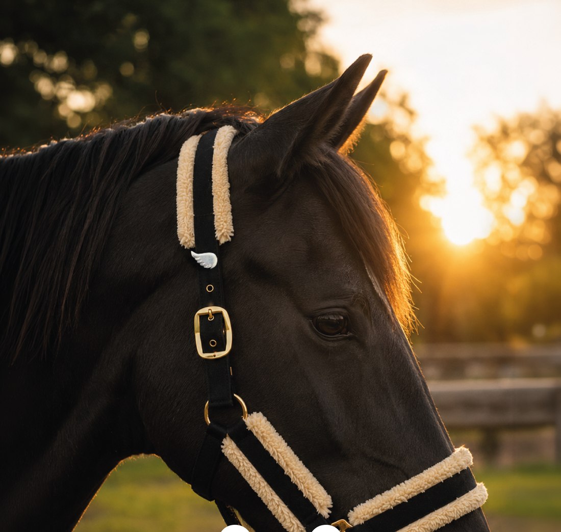 Wing charm en cabezada de caballo al atardecer